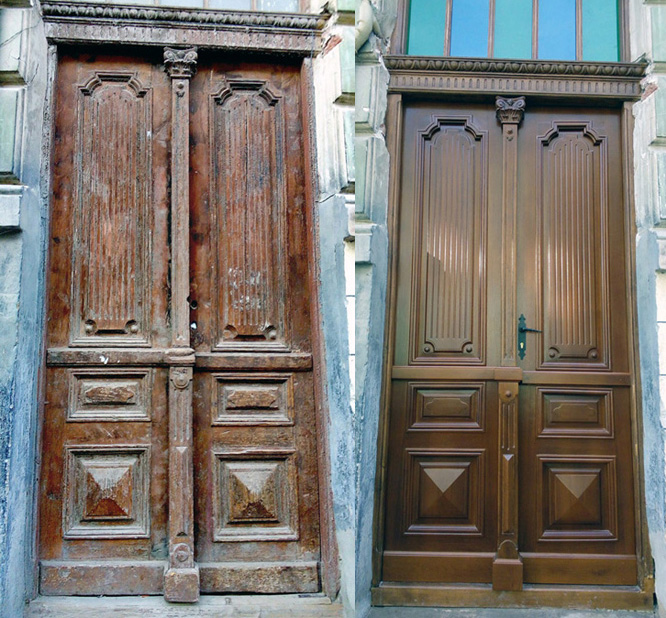 Ті самі старі двері: були такі (ліворуч), а після відновлення аж засяяли красою (праворуч). Світлини з особистого архіву Михайла МУЗИЧКИ